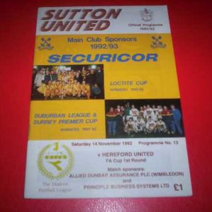 1992/93 SUTTON UTD V HEREFORD FA CUP