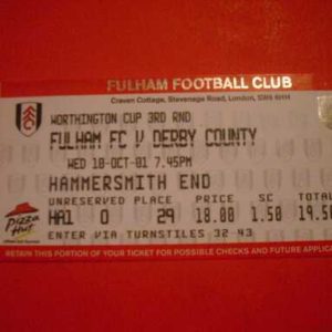 2001/02 FULHAM V DERBY COUNTY LEAGUE CUP TICKET